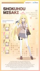 Rule 34 | ^ ^, absurdres, bag, blonde hair, blue archive, breasts, brown sweater, brown sweater vest, closed eyes, commentary, english commentary, english text, expressions, gloves, grey skirt, gun, halo, handbag, handgun, highres, large breasts, m1911, mimitoke, official art, school uniform, shirt, shokuhou misaki, skirt, smile, star-shaped pupils, star (symbol), star in eye, sweater, sweater vest, symbol-shaped pupils, symbol in eye, thighhighs, tokiwadai school uniform, tongue, tongue out, weapon, white gloves, white shirt, yellow eyes