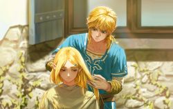Rule 34 | 1boy, 1girl, absurdres, blonde hair, blue eyes, blurry, blurry background, collarbone, cutting hair, day, depth of field, green eyes, hair ornament, hairclip, highres, holding, holding scissors, link, long hair, looking at another, nintendo, outdoors, princess zelda, scissors, shirt, short ponytail, smile, tehwi, the legend of zelda, the legend of zelda: breath of the wild, the legend of zelda: tears of the kingdom, tunic, white shirt, window