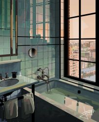 Rule 34 | bathroom, bathtub, commentary, english commentary, highres, indoors, livousart, mirror, no humans, original, scenery, sink, tile wall, tiles, towel, window