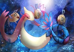 Rule 34 | animal focus, artist name, black eyes, blue background, bubble, closed eyes, closed mouth, colored sclera, creatures (company), day walker1117, english text, evolutionary line, feebas, fish, full body, game freak, gen 3 pokemon, highres, looking at another, milotic, nintendo, no humans, open mouth, pokemon, pokemon (creature), red sclera, signature, underwater, water