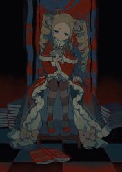 Rule 34 | 1girl, beatrice (re:zero), blonde hair, book, capelet, chair, child, crown, crying, dress, drill hair, frills, fur-trimmed capelet, fur trim, hair ribbon, half-closed eyes, highres, holding, iwamushi, long sleeves, mini crown, neck ribbon, pantyhose, parted lips, puck (re:zero), re:zero kara hajimeru isekai seikatsu, red capelet, red dress, red footwear, ribbon, shoes, short eyebrows, sidelocks, sitting, striped clothes, striped pantyhose, tears, throne, twin drills, twintails, wide sleeves