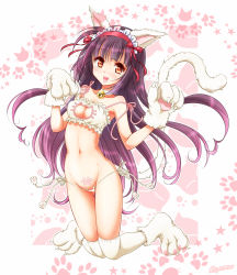 Rule 34 | 1girl, :d, animal ears, animal hands, ayumu (ayumumkrg), azuki (flower knight girl), bad id, bad pixiv id, bell, bow, bra, breasts, cat cutout, cat ear panties, cat ears, cat lingerie, cat tail, character name, choker, cleavage, cleavage cutout, clothing cutout, flower knight girl, frilled hairband, frills, gloves, hair bow, hairband, jingle bell, kemonomimi mode, long hair, looking at viewer, medium breasts, meme attire, navel, neck bell, open mouth, orange eyes, panties, partially visible vulva, paw gloves, purple hair, red bow, red hairband, revealing clothes, side-tie panties, signature, smile, solo, tail, thighhighs, underwear, white bra, white choker, white panties, white thighhighs