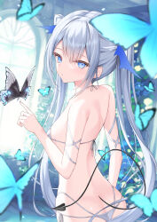 Rule 34 | 1girl, absurdres, arm at side, arm ribbon, back, bare back, bare shoulders, bikini, blue butterfly, blue eyes, blurry, blurry background, blush, breasts, bug, butt crack, butterfly, demon tail, from behind, grey bikini, grey hair, grey ribbon, hair between eyes, halterneck, hand up, highres, indoors, insect, lis 111, long hair, looking at viewer, looking back, micro bikini, multi-strapped bikini, original, parted lips, ribbon, side-tie bikini bottom, sidelocks, sideways glance, small breasts, solo, sunlight, swimsuit, tail, twintails, very long hair, window