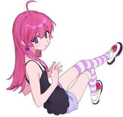 Rule 34 | 1girl, ahoge, blush, camisole, check copyright, copyright request, earrings, etizojima, expressionless, flat chest, highres, jewelry, long hair, looking at viewer, original, own hands together, pink hair, purple eyes, short shorts, shorts, simple background, sitting, solo, steepled fingers, striped clothes, striped thighhighs, thighhighs, white background
