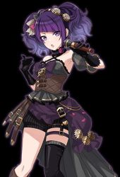 Rule 34 | armpits, belt, black gloves, bow, choker, detached sleeves, diagonal bangs, flower, frills, garter belt, garter straps, gears, gloves, goggles, goggles on head, gold trim, idol clothes, idolmaster, idolmaster shiny colors, looking at viewer, microphone, official art, purple bow, purple eyes, purple hair, ribbon, rose, shorts, tanaka mamimi, transparent background, twintails