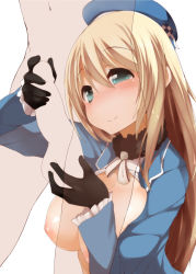 Rule 34 | 10s, 1girl, atago (kancolle), black gloves, blonde hair, blue eyes, blue hat, blush, breasts, breasts out, caressing testicles, gloved handjob, gloves, handjob, hat, kantai collection, large breasts, light smile, long hair, nipples, penis, personification, solo focus, terazip, testicles, uncensored