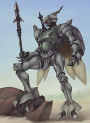 Rule 34 | armor, artist name, day, dunbine, holding, holding polearm, holding spear, holding weapon, insect wings, maro-n, mecha, no humans, outdoors, polearm, robot, seisenshi dunbine, solo, spear, standing, weapon, wings