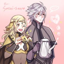 Rule 34 | 1boy, 1girl, blonde hair, breasts, cape, circlet, closed mouth, dwyer (fire emblem), fakeoala, fire emblem, fire emblem fates, grey hair, holding, holding teapot, long hair, medium breasts, nintendo, open mouth, ophelia (fire emblem), teapot, teeth, turtleneck, upper teeth only