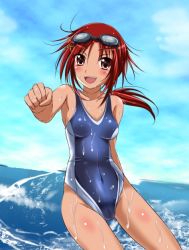 Rule 34 | 10s, andrew (duel angel), brown eyes, competition swimsuit, goggles, goggles on head, hino akane (smile precure!), long hair, one-piece swimsuit, ponytail, precure, punching, red eyes, smile precure!, solo, swimsuit, wet