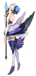 Rule 34 | 1girl, armor, armored dress, crown, dress, flat chest, gwendolyn (odin sphere), multicolored wings, odin sphere, sakamoto mineji, solo, staff, strapless, strapless dress, vanillaware, white background, wings