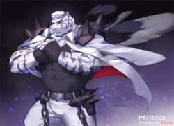 Rule 34 | 1boy, animal ears, arknights, bandaged hand, bandages, bara, black tank top, bulge, covered abs, covered navel, cowboy shot, furry, furry male, jacket, jacket on shoulders, kusu (x kusunagi x), male focus, mountain (arknights), muscular, muscular male, own hands together, paid reward available, pants, pectoral cleavage, pectorals, paid reward available, scar, scar across eye, scar on arm, scar on chest, scar on face, shirt, short hair, shoulder spikes, sidepec, solo, spikes, tank top, thick thighs, thighs, tiger boy, tiger ears, tight clothes, tight pants, tight shirt, white fur, white hair, white jacket, white pants, wind