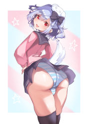 Rule 34 | 1boy, absurdres, artist request, ass, blush, bow, bulge, crossdressing, dog tail, fang, from behind, hair bow, hair ornament, highres, huge ass, inuyama tamaki, long hair, looking at viewer, looking back, miniskirt, noripro, open mouth, panties, red eyes, school uniform, shiny skin, silver hair, skirt, smile, solo, striped clothes, striped panties, tail, thick thighs, thighhighs, thighs, trap, twintails, underwear, virtual youtuber