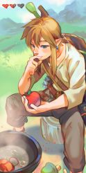 Rule 34 | 1boy, apple, blonde hair, blue eyes, cooking, day, earrings, eyebrows, food, fruit, gameplay mechanics, health bar, highres, jewelry, link, male focus, nintendo, outdoors, over shoulder, pointy ears, pot, sidelocks, sitting, solo, the legend of zelda, the legend of zelda: breath of the wild, thinking, uzucake, weapon, weapon over shoulder