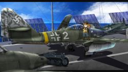 Rule 34 | 1girl, aircraft, airplane, balkenkreuz, blue eyes, blue sky, brown hair, cloud, commentary request, cross, day, fairy (kancolle), flight deck, half-track, harumiya hiro, hat, highres, jet, kantai collection, kettenkrad, long hair, luftwaffe, me 262, military, outdoors, peaked cap, sky, solo, standing, swastika, vehicle focus, world war ii