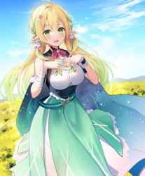 Rule 34 | 1girl, :d, absurdres, bandaged arm, bandages, bare shoulders, blonde hair, blue sky, breasts, cloud, commentary request, day, elf, field, flower, flower field, gradient hair, green eyes, green hair, green skirt, hands up, highres, kisaragi yuri, long hair, medium breasts, mountain, multicolored hair, open mouth, outdoors, pointy ears, resolution mismatch, revision, saohime yue, shirt, single wrist cuff, skirt, sky, sleeveless, sleeveless shirt, smile, solo, source smaller, streaked hair, very long hair, virtual youtuber, wactor production, white shirt, wrist cuffs, yellow flower