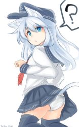 Rule 34 | 10eki (tenchou), 10s, 1girl, :&lt;, ?, anal tail, animal ears, ass, black skirt, black thighhighs, blue eyes, butt plug, cat ears, cat tail, fake tail, flat cap, hair between eyes, hat, hibiki (kancolle), highres, kantai collection, kemonomimi mode, long hair, long sleeves, looking at viewer, open mouth, panties, pleated skirt, school uniform, serafuku, sex toy, silver hair, simple background, skirt, solo, spoken question mark, tail, thighhighs, triangle mouth, twitter username, underwear, white background, white panties