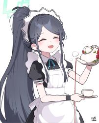 Rule 34 | 1girl, apron, aqua halo, aris (blue archive), aris (maid) (blue archive), black dress, black hair, blue archive, blue ribbon, blush, closed eyes, cup, dress, green halo, halo, high ponytail, highres, holding, holding plate, holding teapot, maid, maid apron, maid headdress, myeolchi, open mouth, plate, pouring, rectangular halo, ribbon, simple background, smile, solo, teacup, teapot, teeth, upper body, upper teeth only, white background