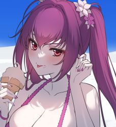 Rule 34 | 1girl, bikini, blush, breasts, commentary, fate/grand order, fate (series), fingernails, flower, food, food on face, hair between eyes, hair flower, hair intakes, hair ornament, highres, holding, holding food, holding ice cream, ice cream, ice cream cone, large breasts, long hair, looking at viewer, nail polish, purple bikini, purple flower, purple hair, purple nails, red eyes, scathach (fate), scathach skadi (fate), scathach skadi (swimsuit ruler) (fate), scathach skadi (swimsuit ruler) (first ascension) (fate), solo, swimsuit, tongue, tongue out, twintails, upper body, white flower, yayoi maka
