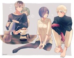 Rule 34 | 1girl, 2boys, barefoot, black pantyhose, border, breasts, coffee beans, collarbone, colored skin, commentary request, cup, dual persona, green hair, grey background, grey hair, heart, holding, holding cup, hug, hug from behind, kaneki ken, kirishima touka, long sleeves, looking at another, medium breasts, multicolored hair, multiple boys, nabe-box, no shoes, notice lines, pantyhose, purple hair, red skin, sasaki haise, sheep print, short hair, simple background, smile, tokyo ghoul, tokyo ghoul:re, two-tone hair, white border