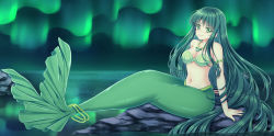 Rule 34 | 1girl, arm support, armlet, aurora, bare shoulders, blush, breasts, cleavage, closed mouth, collarbone, commentary request, full body, green eyes, green hair, green theme, hair between eyes, highres, jewelry, long hair, looking at viewer, medium breasts, mermaid, mermaid melody pichi pichi pitch, monster girl, navel, necklace, night, ocean, outdoors, pearl necklace, rock, shell, shell bikini, shell necklace, shirato sayuri, sidelocks, signature, sitting, smile, solo, stomach, tail, tail ornament, touin rina, very long hair