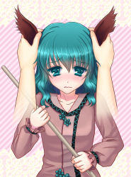 Rule 34 | 1girl, alha, animal ears, blush, broom, dress, grabbing another&#039;s ear, female focus, green eyes, green hair, hand on another&#039;s ear, headpat, kasodani kyouko, matching hair/eyes, pink background, short hair, solo, solo focus, touhou, upper body, wavy mouth