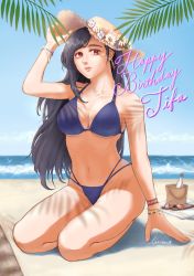 Rule 34 | 1girl, beach, bikini, black hair, bracelet, breasts, character name, cleavage, costa del sol, earrings, final fantasy, final fantasy vii, final fantasy vii remake, flower, full body, hand on headwear, happy birthday, hat, hat flower, highres, horizon, jewelry, large breasts, linono, long hair, looking at viewer, midriff, navel, ocean, outdoors, red eyes, sand, seiza, sitting, sky, solo, swimsuit, tifa lockhart