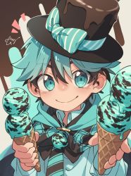 Rule 34 | 1boy, blue cape, blue eyes, blue hair, cape, child, commentary request, dessert, double scoop, food, hair between eyes, hat, highres, holding, holding food, ice cream, incoming food, incoming gift, long sleeves, male focus, mint chocolate, necktie, original, ribbon, short hair, smile, striped necktie, striped ribbon, sweets, top hat, wool bl