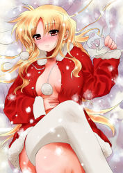 Rule 34 | 00s, 1girl, blonde hair, blush, bottomless, breasts, christmas, fate testarossa, highres, kohinore, large breasts, crossed legs, long hair, lyrical nanoha, mahou shoujo lyrical nanoha, mahou shoujo lyrical nanoha strikers, open clothes, open shirt, red eyes, sack, santa costume, shirt, sitting, solo, thighhighs