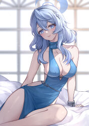 Rule 34 | 1girl, absurdres, ako (blue archive), ako (dress) (blue archive), bed sheet, black hairband, blue archive, blue dress, blue eyes, blue hair, blue halo, blush, breasts, cleavage, closed mouth, collarbone, covered erect nipples, cuffs, dress, hair between eyes, hairband, halo, handcuffs, highres, indoors, large breasts, long hair, oeun, official alternate costume, sleeveless, sleeveless dress, smile, solo