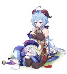Rule 34 | 2girls, absurdres, ahoge, bare shoulders, bell, black legwear, blue hair, blush, breasts, chinese knot, coin hair ornament, detached sleeves, flower knot, ganyu (genshin impact), genshin impact, gold trim, hair ornament, hand on own chest, hat, highres, horns, long hair, looking at another, lying, lying on lap, medium breasts, multiple girls, neck bell, no gloves, on side, pink hair, purple eyes, qiqi (genshin impact), red rope, rope, sidelocks, sitting, smile, talisman, tassel, thighlet, thighs, tyrant (dream-bmj), vision (genshin impact), white background, white sleeves