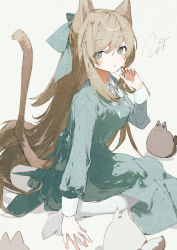 Rule 34 | 1girl, animal ears, arm support, black dress, blue eyes, blue ribbon, blush, cat, cat ears, cat girl, cat tail, commentary, dress, full body, grey background, hair ribbon, highres, light brown hair, long hair, long sleeves, looking at viewer, original, pantyhose, parted lips, potg (piotegu), ribbon, signature, simple background, sitting, solo, tail, wariza, white pantyhose