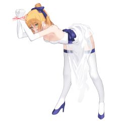 Rule 34 | 1girl, absurdres, artoria pendragon (all), artoria pendragon (fate), bare shoulders, bent over, blonde hair, blue bow, blue footwear, blush, bound, bound wrists, bow, breasts, cleavage, dress, elbow gloves, fate/stay night, fate (series), full body, gloves, green eyes, hair between eyes, hair bow, high heels, high ponytail, highres, long hair, medium breasts, migu (iws2525), open mouth, ponytail, pumps, saber (fate), short dress, simple background, solo, standing, strapless, strapless dress, sweatdrop, thighhighs, white background, white dress, white gloves, white thighhighs