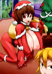 Rule 34 | 2girls, age difference, all fours, areola slip, bag, bell, blonde hair, bodysuit, boots, breasts, brown eyes, brown hair, capelet, christmas, christmas tree, cleavage, couch, covered erect nipples, fur-trimmed capelet, fur-trimmed footwear, fur-trimmed gloves, fur trim, gift bag, gloves, hakurei reimu, hanging breasts, hat, highres, histamine c, huge breasts, indoors, knees together feet apart, kureha reimu, large areolae, looking at viewer, looking back, marisa carnby, mistletoe, multiple girls, no bra, open mouth, ponytail, puffy areolae, puffy nipples, red bodysuit, red capelet, red footwear, red gloves, reverse trap, sagging breasts, santa costume, santa hat, tomboy, touhou, window, yukkuri to rooru suru trpg