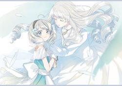 Rule 34 | 2girls, bad id, bad twitter id, blue dress, blue eyes, blush, cardcaptor sakura, closed eyes, commentary request, dress, drill hair, feathers, floating hair, ghost, grey hair, hair ornament, hairband, hug, jewelry, long hair, looking at viewer, mother and daughter, multiple girls, necklace, rii2a77ru, shinomoto akiho, shinomoto lilie, smile, white dress, white hair