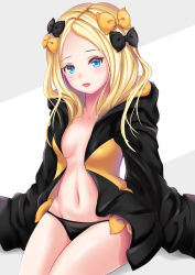 Rule 34 | 1girl, abigail williams (fate), bad id, bad pixiv id, black bow, black jacket, black panties, blonde hair, blue eyes, blush, bow, breasts, collarbone, fate/grand order, fate (series), forehead, hair bow, highres, hood, hooded jacket, jacket, long hair, long sleeves, looking at viewer, multiple bows, navel, open clothes, open jacket, open mouth, orange bow, panties, parted bangs, polka dot, polka dot bow, shirokuro (monochrome0226), sitting, sleeves past fingers, sleeves past wrists, small breasts, solo, thighs, underwear