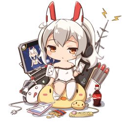 Rule 34 | 1girl, ame., ayanami (azur lane), azur lane, bag of chips, bare shoulders, blush, bottle, breasts, brown eyes, cellphone, chibi, chips (food), cleavage, cola, commentary request, food, grey hair, high ponytail, lightning bolt symbol, long hair, medium breasts, off-shoulder shirt, off shoulder, parted lips, phone, ponytail, potato chips, shirt, short sleeves, sitting, smartphone, solo, stylus, thighhighs, thighhighs pull, torpedo, white background, white shirt, white thighhighs