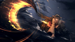 Rule 34 | 1girl, bare shoulders, black thighhighs, boots, brown hair, cannon, cloud, cloudy sky, dazzle paint, detached sleeves, hair between eyes, hair ornament, haruna (kancolle), headgear, highres, kantai collection, lens flare, long hair, nontraditional miko, ocean, on water, on one knee, open mouth, pleated skirt, rigging, senwa, skirt, sky, sliding, thigh boots, thighhighs, turret, zettai ryouiki