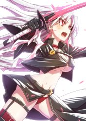 Rule 34 | 1girl, breasts, choker, cinderella (mary skelter), mary skelter, midriff, mizunashi (second run), navel, red eyes, solo, sword, underboob, weapon, white hair