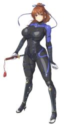 Rule 34 | 1girl, blue ribbon, bodysuit, breasts, brown eyes, brown hair, dead or alive, dead or alive 6, female focus, full body, hair ribbon, high heels, highres, holding, holding sword, holding weapon, huge breasts, kasumi (doa), long hair, looking at viewer, matching hair/eyes, muscular, muscular female, ozaneko, ponytail, ribbon, smile, solo, sword, weapon