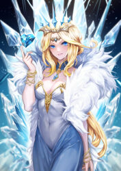 Rule 34 | 1girl, arm at side, bangle, blonde hair, blue background, blue dress, blue eyes, blue gemstone, blue nails, blue theme, blush, bracelet, breasts, brooch, circlet, cleavage, covered navel, cowboy shot, dark tales, detached collar, dress, female focus, floating, floating object, fur (clothing), gem, hand up, happy, heart, highres, ice, jewelry, long hair, looking at viewer, medium breasts, nail polish, parted bangs, parted lips, smile, snow queen (dark tales), solo, standing, strapless, strapless dress, suahh, teeth, two-tone dress, very long hair, white dress