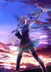 Rule 34 | 1girl, aqua hair, arm up, armpits, asymmetrical clothes, bad id, bad pixiv id, bare shoulders, black thighhighs, boots, bracelet, cloud, detached sleeves, closed eyes, fingernails, happy, hatsune miku, headphones, headset, highres, jewelry, long hair, nail polish, necktie, open mouth, outstretched arm, pleated skirt, scenery, shouting, skirt, sky, solo, standing, thigh boots, thighhighs, twilight, twintails, ume (plumblossom), vocaloid, zettai ryouiki