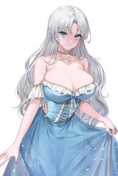 Rule 34 | 1girl, absurdres, bare shoulders, blue dress, blue eyes, breasts, choker, cleavage, clothing cutout, dress, earrings, highres, jewelry, large breasts, lillly, looking at viewer, low-cut, necklace, original, parted bangs, side cutout, smile, solo, white hair