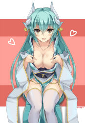 Rule 34 | 1girl, aqua hair, blush, breasts, cleavage, collarbone, commentary request, fate/grand order, fate (series), hair between eyes, heart, horns, japanese clothes, kimono, kiyohime (fate), kurokage, large breasts, long hair, looking at viewer, obi, open mouth, sash, sitting, solo, thighhighs, twitter username, white thighhighs, wide sleeves, yellow eyes