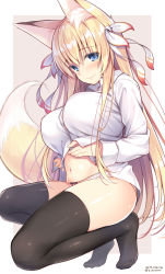 Rule 34 | 1girl, animal ear fluff, animal ears, black thighhighs, blonde hair, blue eyes, blush, breasts, dated, fox ears, fox tail, highres, konoha (nozomi tsubame), large breasts, long hair, looking at viewer, navel, nozomi tsubame, original, panties, shirt, solo, squatting, tail, thighhighs, two-tone background, underwear, white shirt