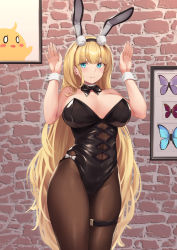 Rule 34 | 1girl, absurdres, animal ears, aqua eyes, azur lane, bare arms, bare shoulders, black hairband, black leotard, black pantyhose, blonde hair, blush, breasts, bug, butterfly, cleavage, closed mouth, cowboy shot, fake animal ears, hair ornament, hairband, hands up, highleg, highleg leotard, highres, insect, large breasts, leotard, long hair, looking at viewer, north carolina (azur lane), north carolina (the heart&#039;s desire) (azur lane), official alternate costume, pantyhose, playboy bunny, rabbit ears, rabbit pose, rebutsu, smile, solo, thigh strap, thighs, wrist cuffs