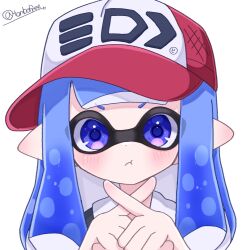 Rule 34 | 1girl, artist name, baseball cap, blue eyes, blue hair, blush, commentary request, hat, highres, inkling, inkling girl, inkling player character, long hair, looking at viewer, nintendo, pointy ears, pout, simple background, solo, splatoon (series), splatoon 3, tentacle hair, tonbofree, twitter username, upper body, v-shaped eyebrows, white background, x fingers
