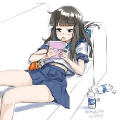 Rule 34 | 1girl, bare arms, bare legs, black eyes, black hair, blue skirt, blunt bangs, blush, bottle, chips (food), commentary request, couch, dated, eating, feet out of frame, food, handheld game console, hatsuyuki (kancolle), hime cut, kangoku kou, kantai collection, long hair, lying, navel, nintendo ds, on back, one-hour drawing challenge, playing games, pleated skirt, sailor collar, school uniform, serafuku, shadow, short sleeves, skirt, solo, twitter username, water bottle