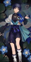 Rule 34 | 1boy, artist name, belt, black belt, black bow, black shirt, black shorts, blue belt, blue eyes, blue flower, blue gemstone, blue hair, blue vest, blunt ends, bow, chinikuniku, closed mouth, collarbone, dark blue hair, dated, flower, from above, gem, genshin impact, gold, grey vest, hair between eyes, highres, jewelry, lake, leaf, lily pad, looking to the side, lotus, lying, male focus, mandarin collar, necklace, no headwear, official alternate costume, on back, open clothes, open vest, parted lips, pom pom (clothes), scaramouche (genshin impact), shirt, short hair, short sleeves, shorts, sleeveless, sleeveless shirt, socks, solo, tassel, teeth, twitter username, two-tone vest, vest, vision (genshin impact), wanderer (genshin impact), water, watermark, white socks