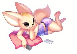 Rule 34 | 1girl, absurdres, aggressive retsuko, animal ears, animal hands, animal nose, artist name, barefoot, black eyes, black panties, blank eyes, blue shirt, blush, body fur, brown fur, cellphone, claws, closed mouth, controller, cushion, female focus, fenneko, foot up, fox ears, fox girl, fox tail, full body, furry, furry female, groin, hand up, happy, head rest, highres, holding, holding remote control, jpeg artifacts, light blush, lying, midriff peek, navel, off shoulder, on side, pajamas, panties, panty peek, pawpads, phone, purple shorts, remote control, shirt, short shorts, shorts, signature, simple background, sleeveless, sleeveless shirt, smartphone, smile, solo, spaghetti strap, strap slip, tail, tamanosuke, thighs, two-tone fur, underwear, white background, yellow fur