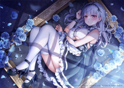 Rule 34 | 1girl, apron, armpit crease, ass, azur lane, bare arms, bare shoulders, black footwear, black skirt, blue flower, breasts, clothing cutout, dido (azur lane), flower, frilled shirt, frills, hairband, high heels, hip vent, large breasts, long hair, looking at viewer, lying, maid, maid apron, mary janes, miniskirt, mitsuba choco, on side, parted lips, picture frame, pink eyes, pleated skirt, rose, shirt, shoes, skirt, sleeveless, sleeveless shirt, solo, thighhighs, underboob, underboob cutout, waist apron, white hair, white shirt, white thighhighs